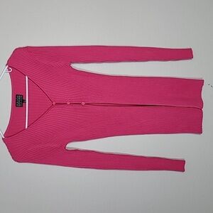 Y2K Vintage Ribbed Knit Long Cardigan Size S Pink Button Fitted Bella Elena 90s